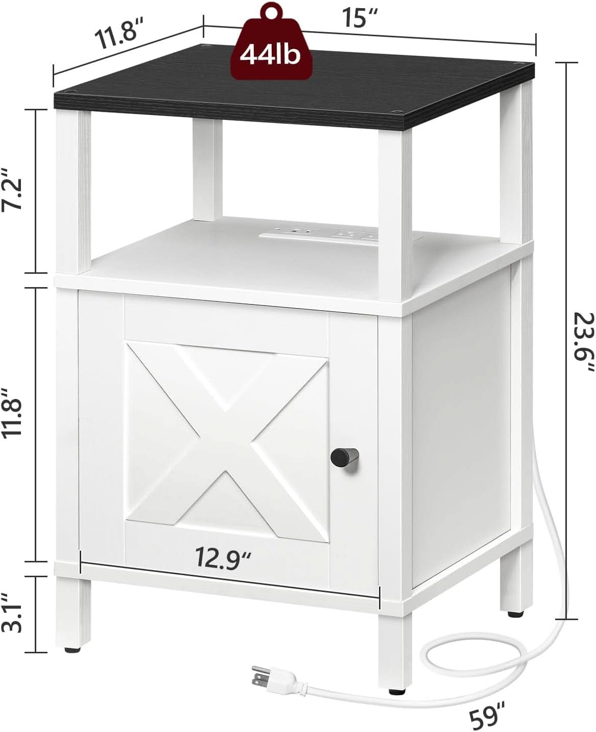 White Farmhouse Style Nightstand With USB Type C Ports