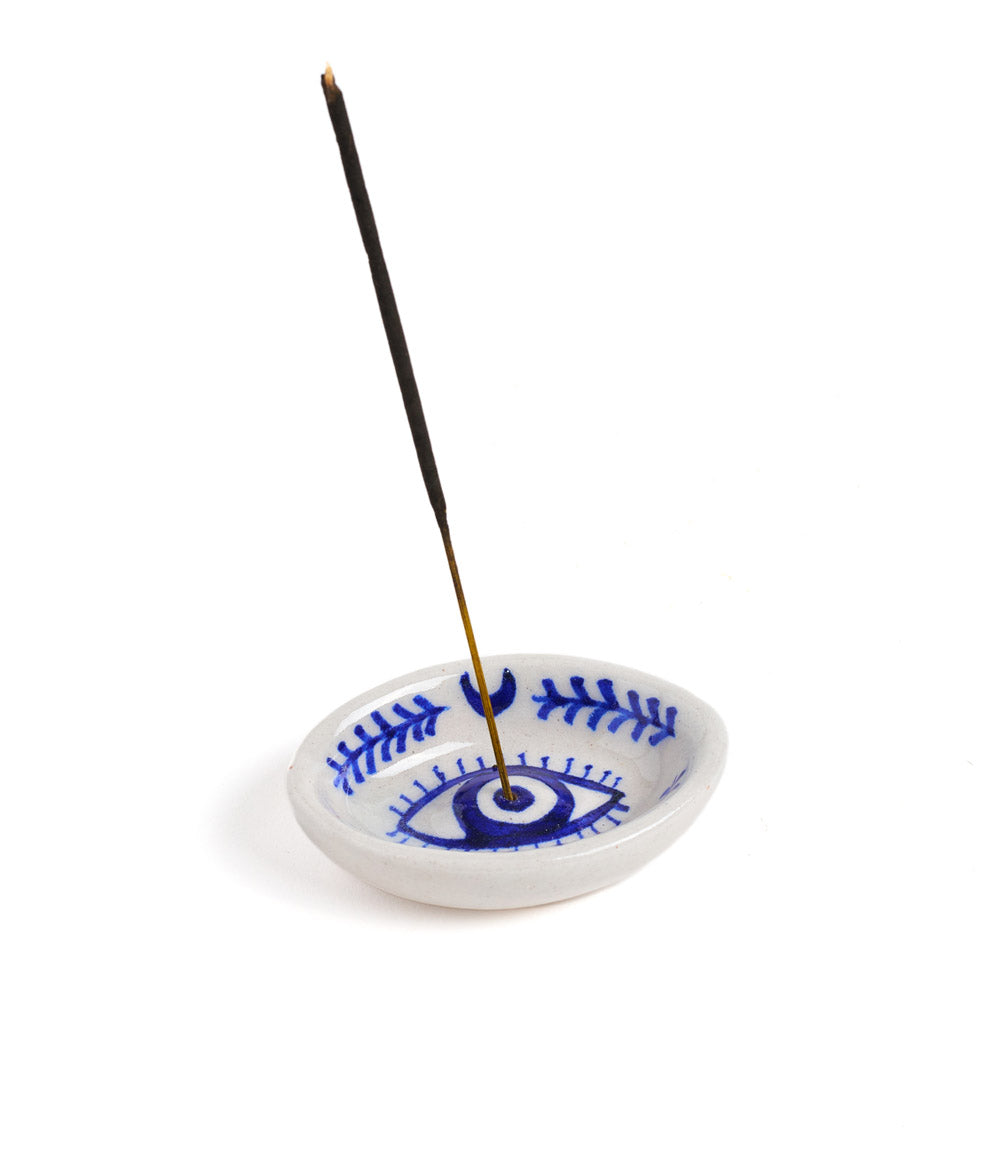 Lalita Evil Eye Incense Holder - Hand Painted Blue &amp; White