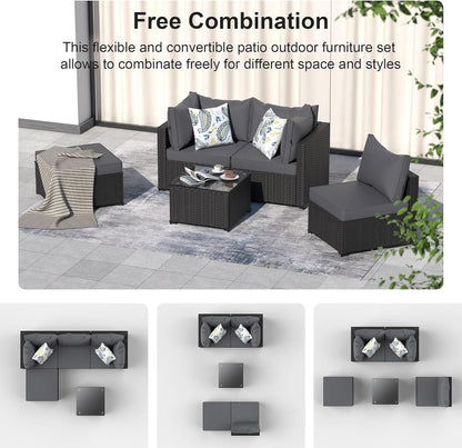 Grey 5 Piece Outdoor Patio Sectional Set With Ottoman