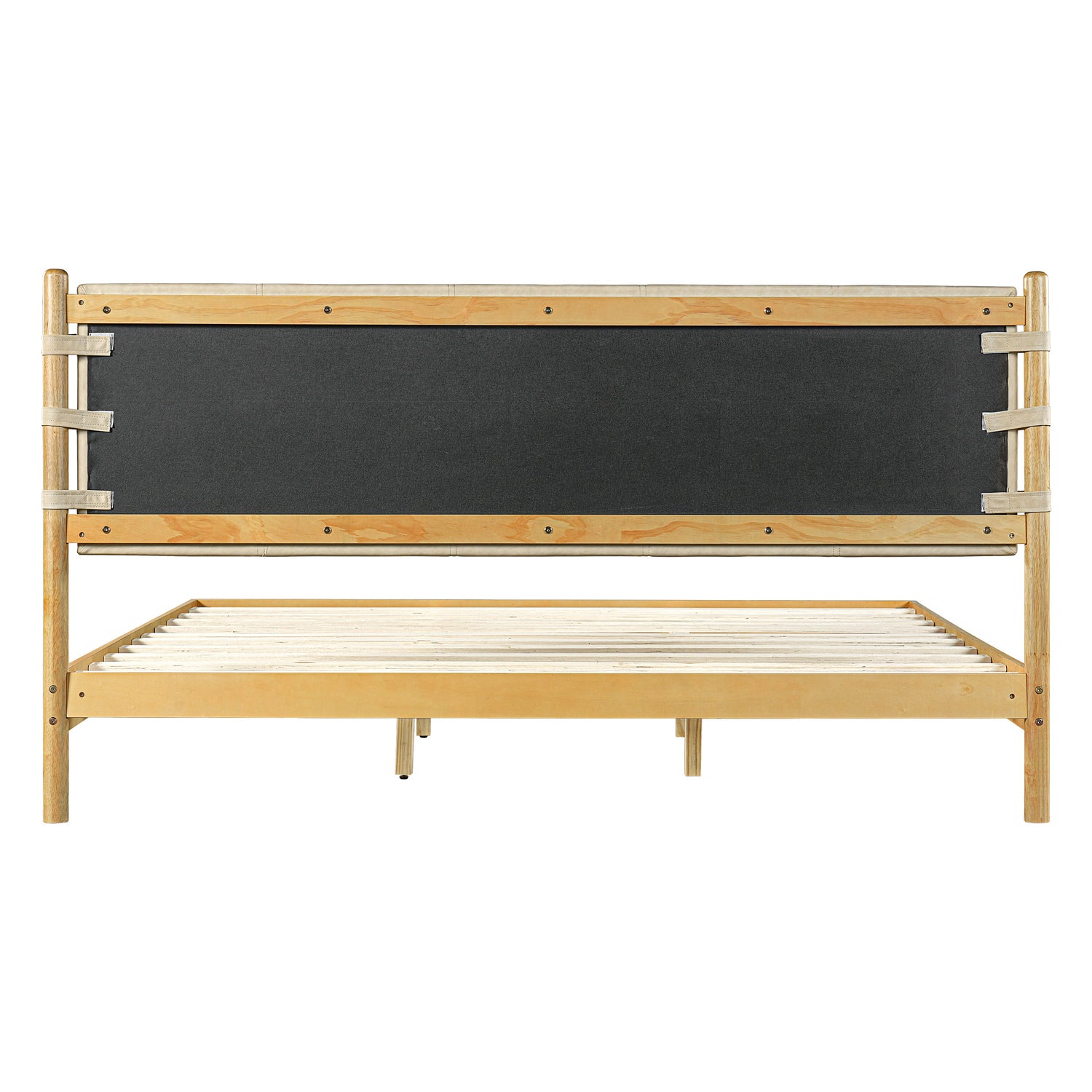 Beige Wood Platform Bed with Headboard and Matching Bedside Tables - 3 Pc Set