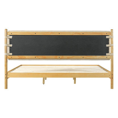 Beige Wood Platform Bed with Headboard and Matching Bedside Tables - 3 Pc Set