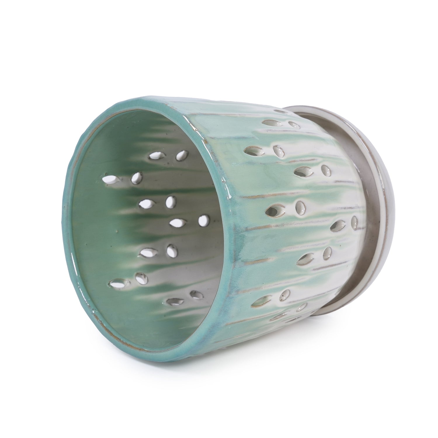 Set of 2 Ceramic Flowerpots - White/Aqua