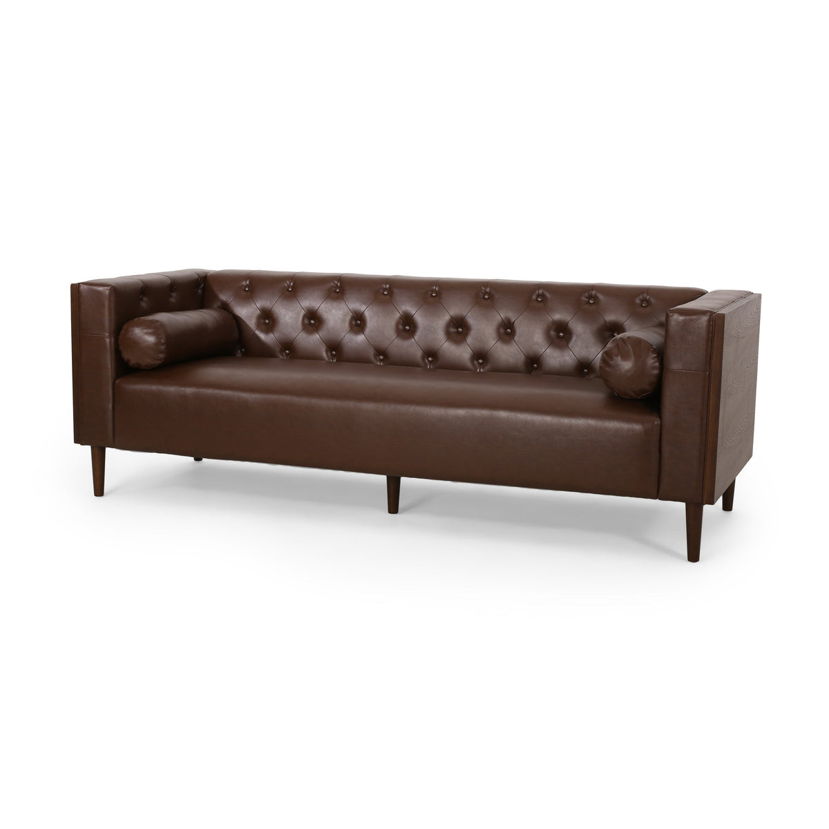 Contemporary 3-Seater Sofa with Tufted Diamond Stitch and Rolled Accent Pillows in Dark Brown Faux Leather