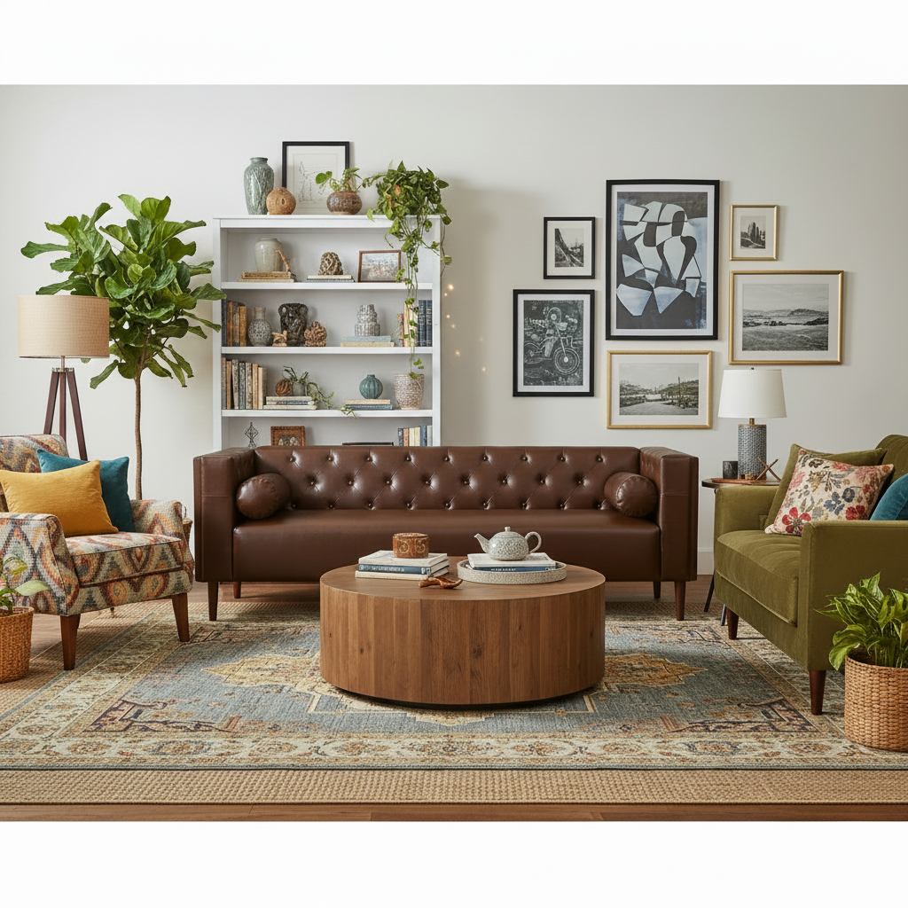 Contemporary 3-Seater Sofa with Tufted Diamond Stitch and Rolled Accent Pillows in Dark Brown Faux Leather
