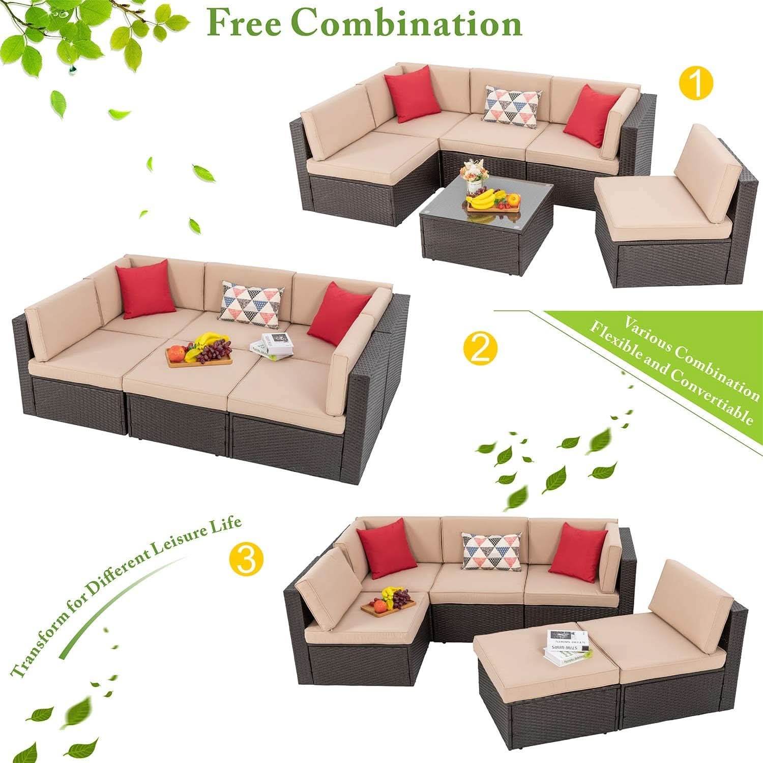 Outdoor Wicker Sectional Sofa Set with Coffee Table - Tan/Brown