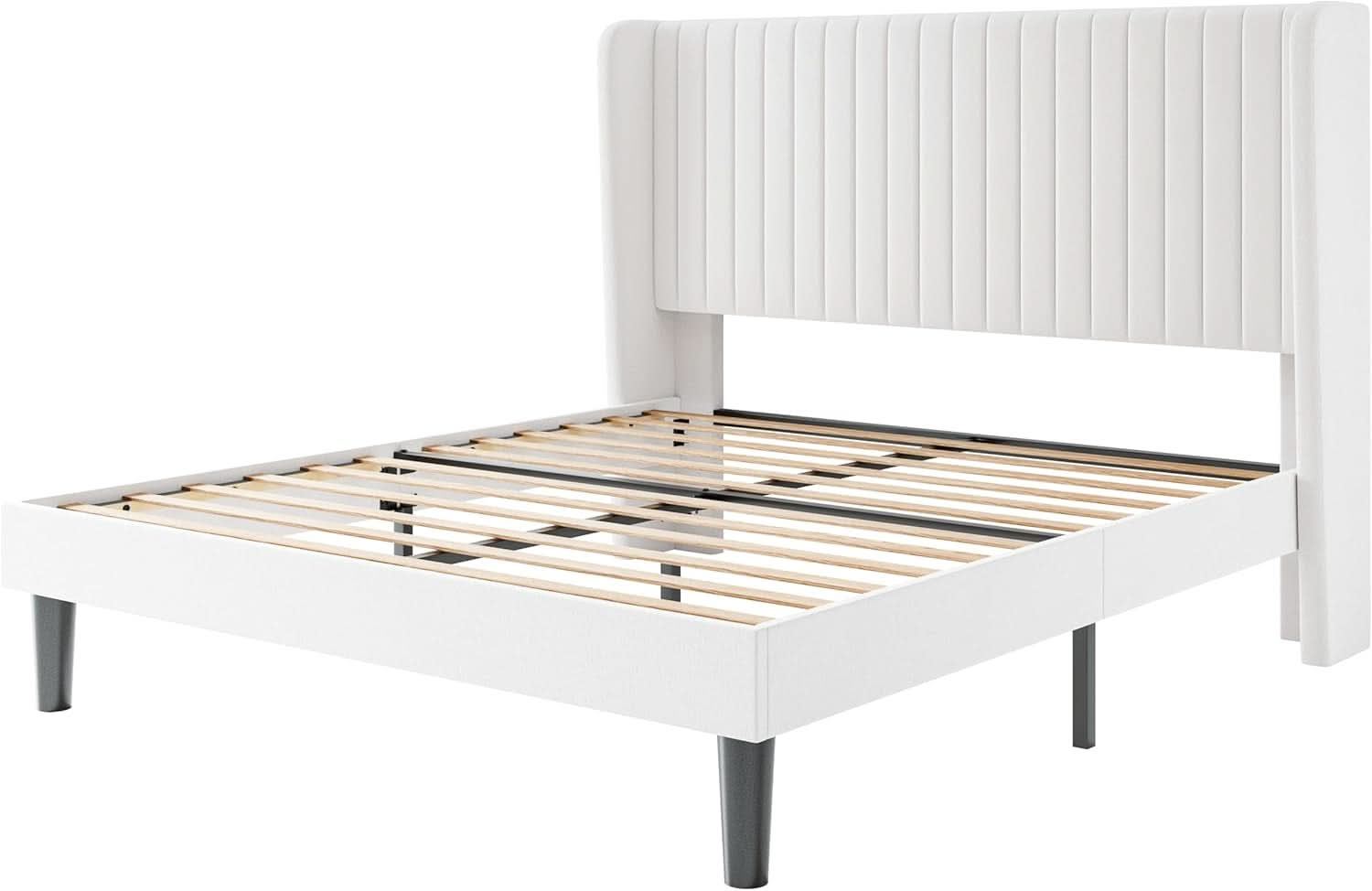 Upholstered Full Size Bed Frame With Wingback Headboard in White Velvet
