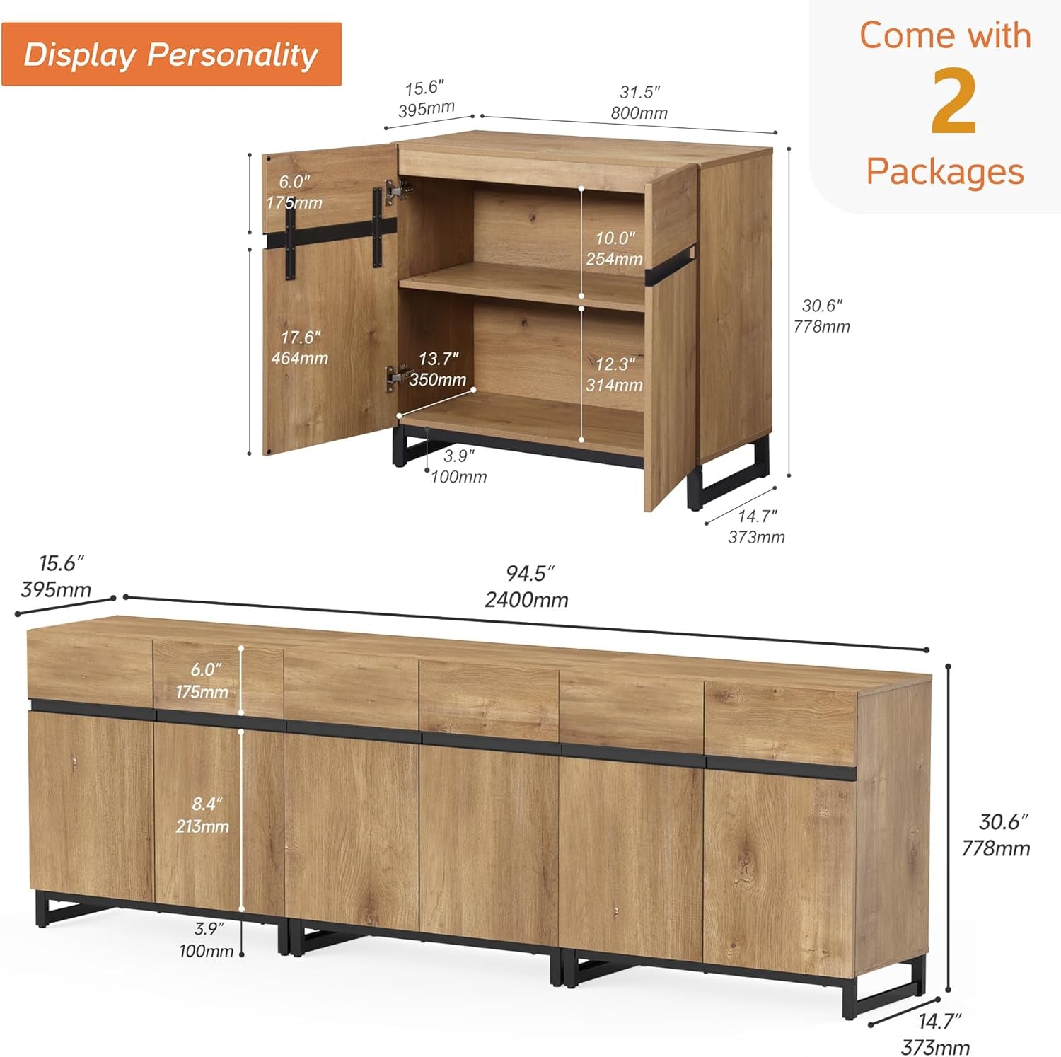 Oak 3 In 1 Modern Sideboard With Adjustable Shelf Unit