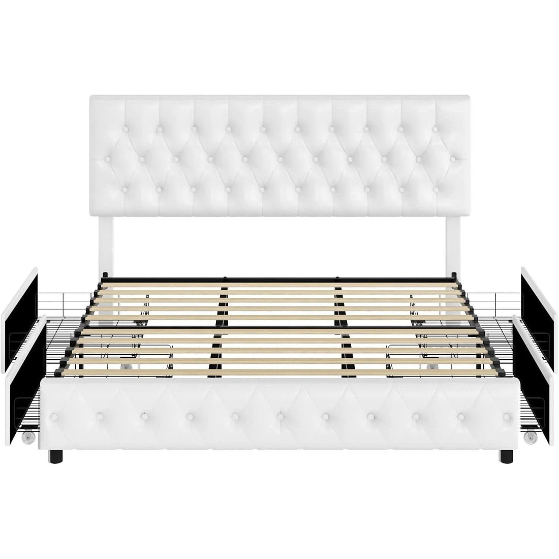 Queen Upholstered Tufted Bed Frame With Drawers in White