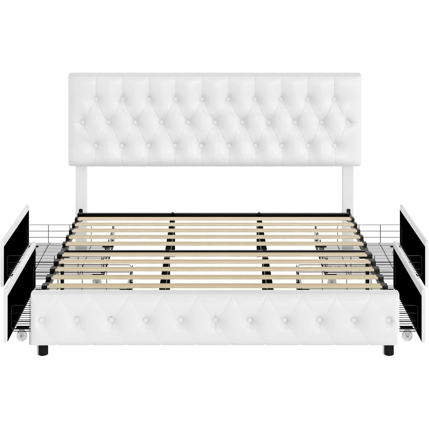 Queen Upholstered Tufted Bed Frame With Drawers in White