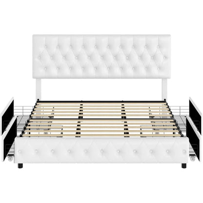 Queen Upholstered Tufted Bed Frame With Drawers in White
