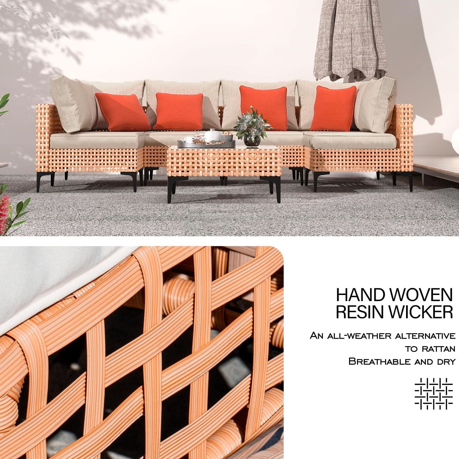 5 Piece Outdoor Modular Sectional Set - Salmon Wicker with Beige Cushions