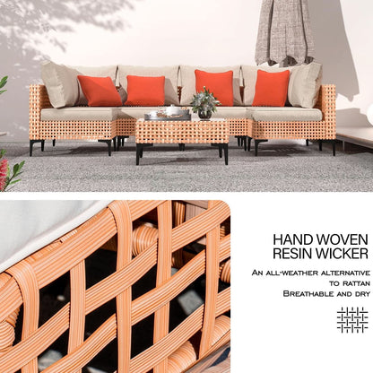 5 Piece Outdoor Modular Sectional Set - Salmon Wicker with Beige Cushions