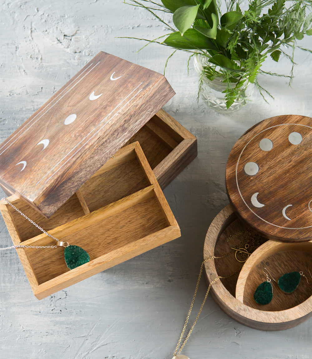 Indukala Moon Phase Jewelry Box With Removable Tray - Wood Brass Inlay