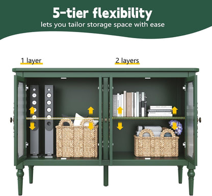 Vintage Sideboard With Glass Doors in Emerald Green
