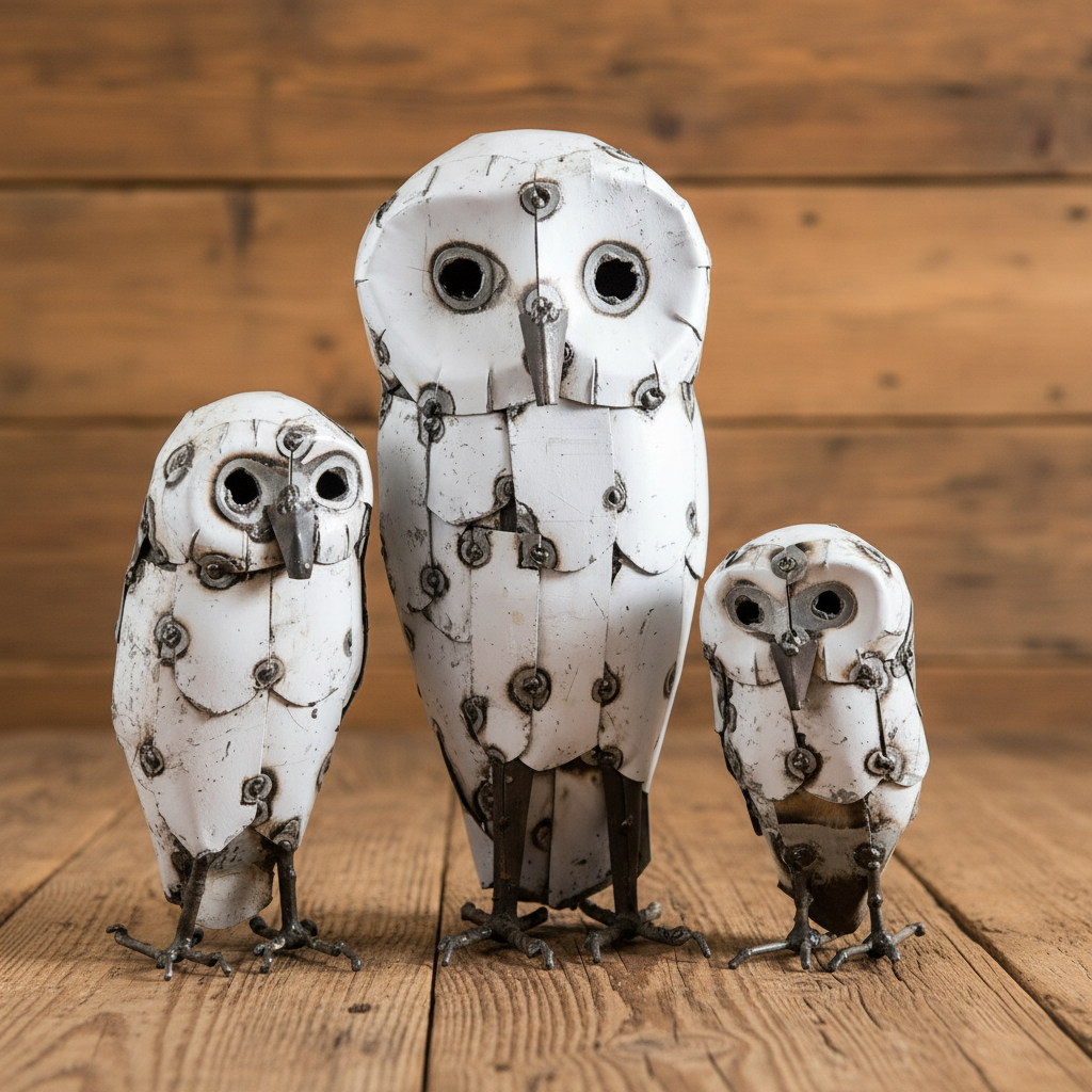 Recycled Metal Snowy White Owls