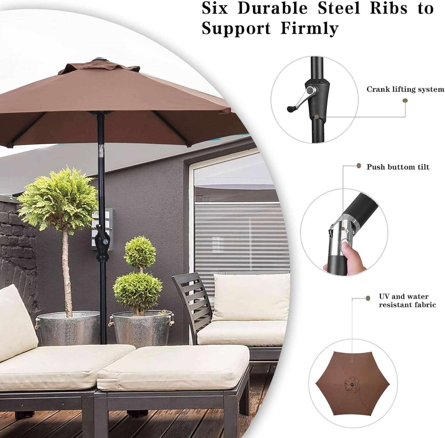 7.5 Foot Aluminum Patio Umbrella Tilt Crank Outdoor Shade - Brown
