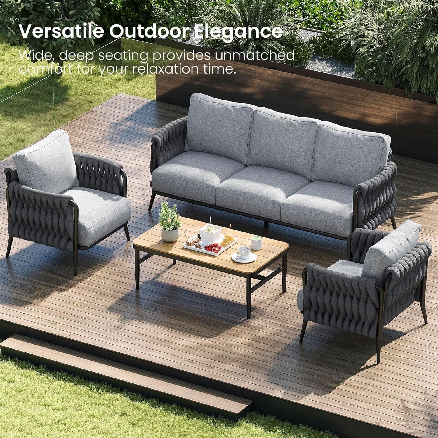 Modern Outdoor Patio Furniture Set with Waterproof Cushions - Black/Gray