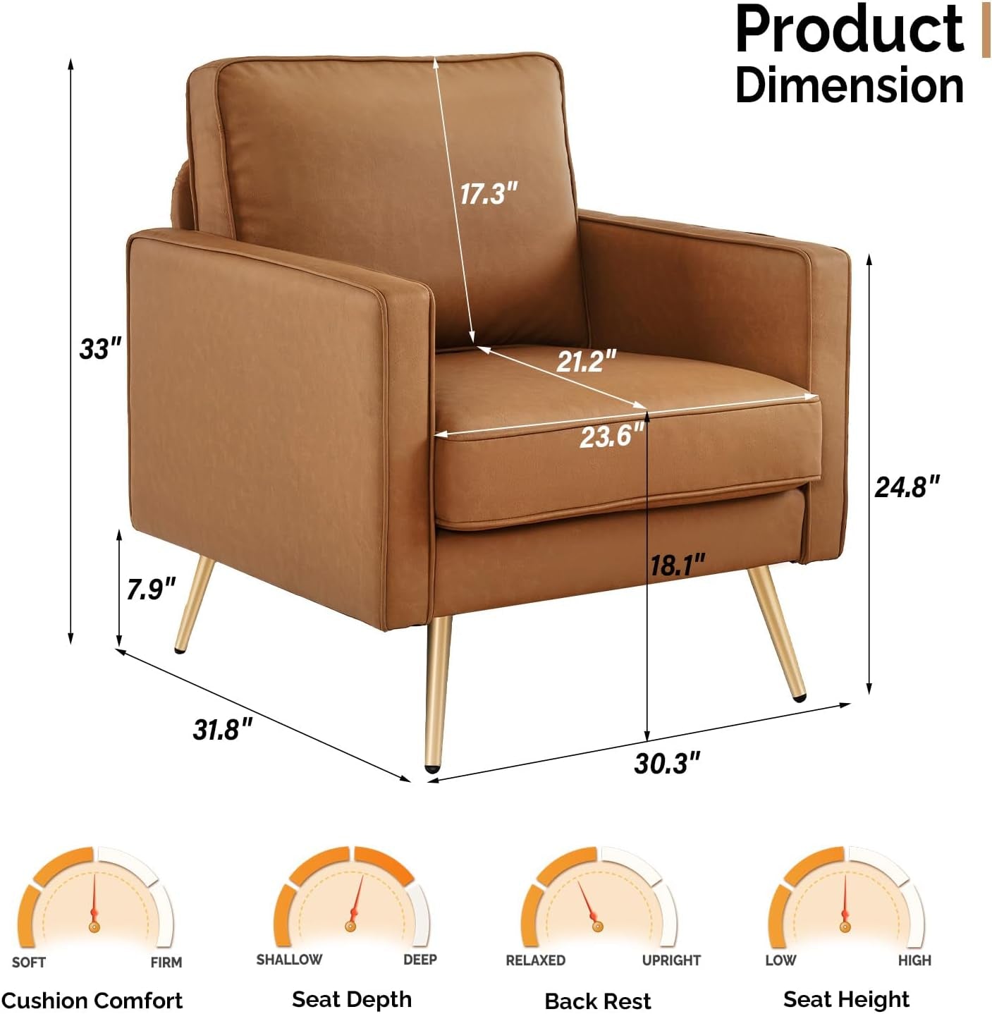 Brown PU Leather Accent Chairs With Gold Legs - 2 pc Set