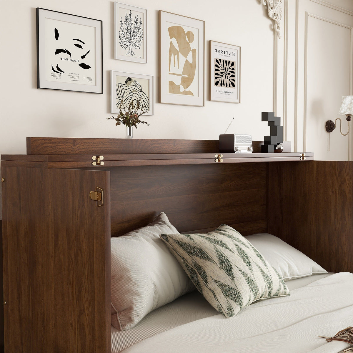 Queen Size Murphy Bed, Pine Wood with Power Station and Rattan Decoration Panel - Walnut
