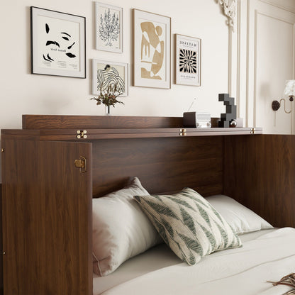 Queen Size Murphy Bed, Pine Wood with Power Station and Rattan Decoration Panel - Walnut