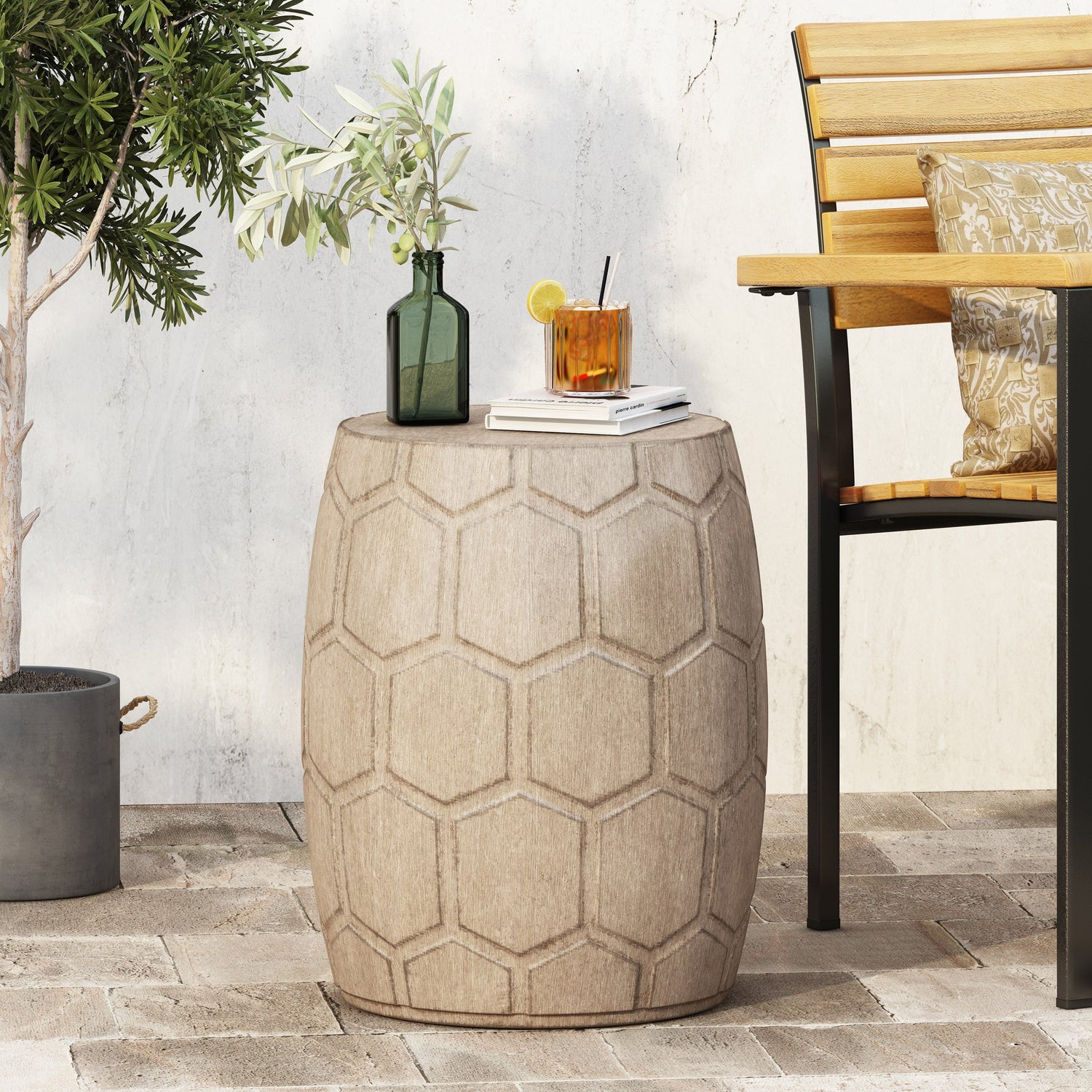 Outdoor Lightweight Concrete Side Table with Honeycomb Pattern in Natural Finish