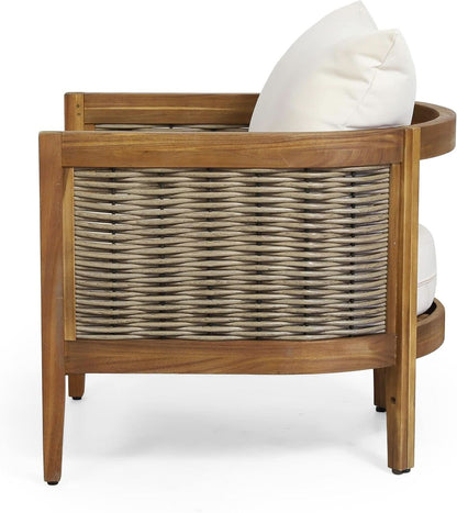 Burchett Outdoor 4 Piece Chat Set - Acacia Wood And Wicker Teak, Brown/Beige