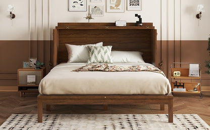 Queen Size Murphy Bed, Pine Wood with Power Station and Rattan Decoration Panel - Walnut