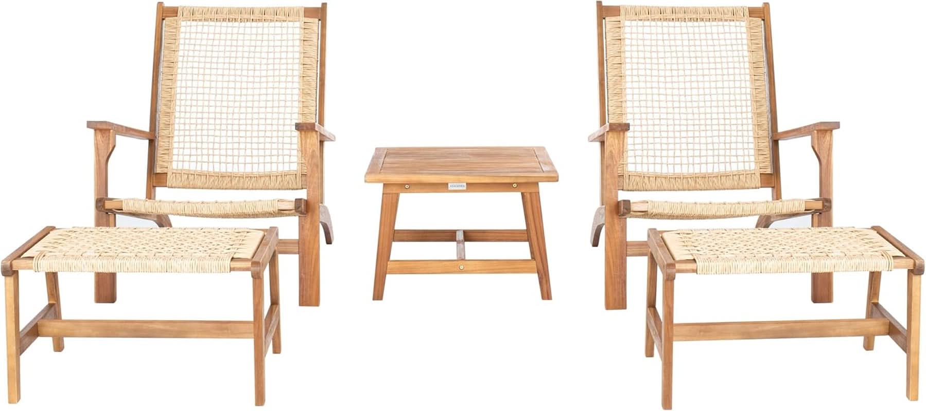 Outdoor Acacia Wood Rattan 5 Piece Patio Set