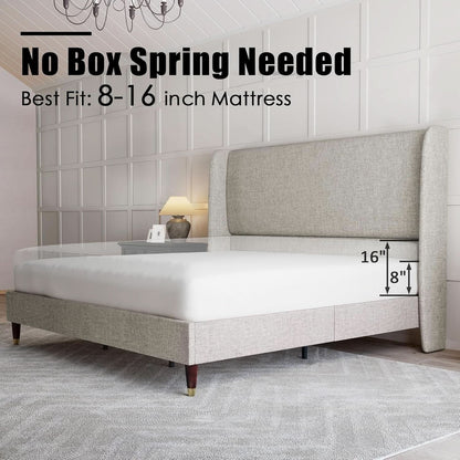 King Size Wingback Headboard Upholstered Bed Frame in Khaki