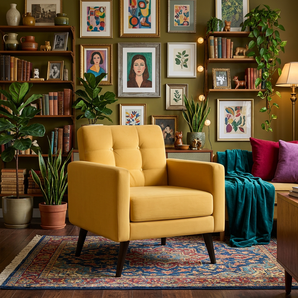 Mid Century Modern Upholstered Accent Chair In Canary Yellow