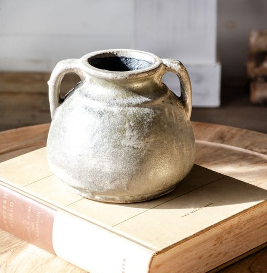 Antiqued Distressed Small Olive Cement Vase with Handles