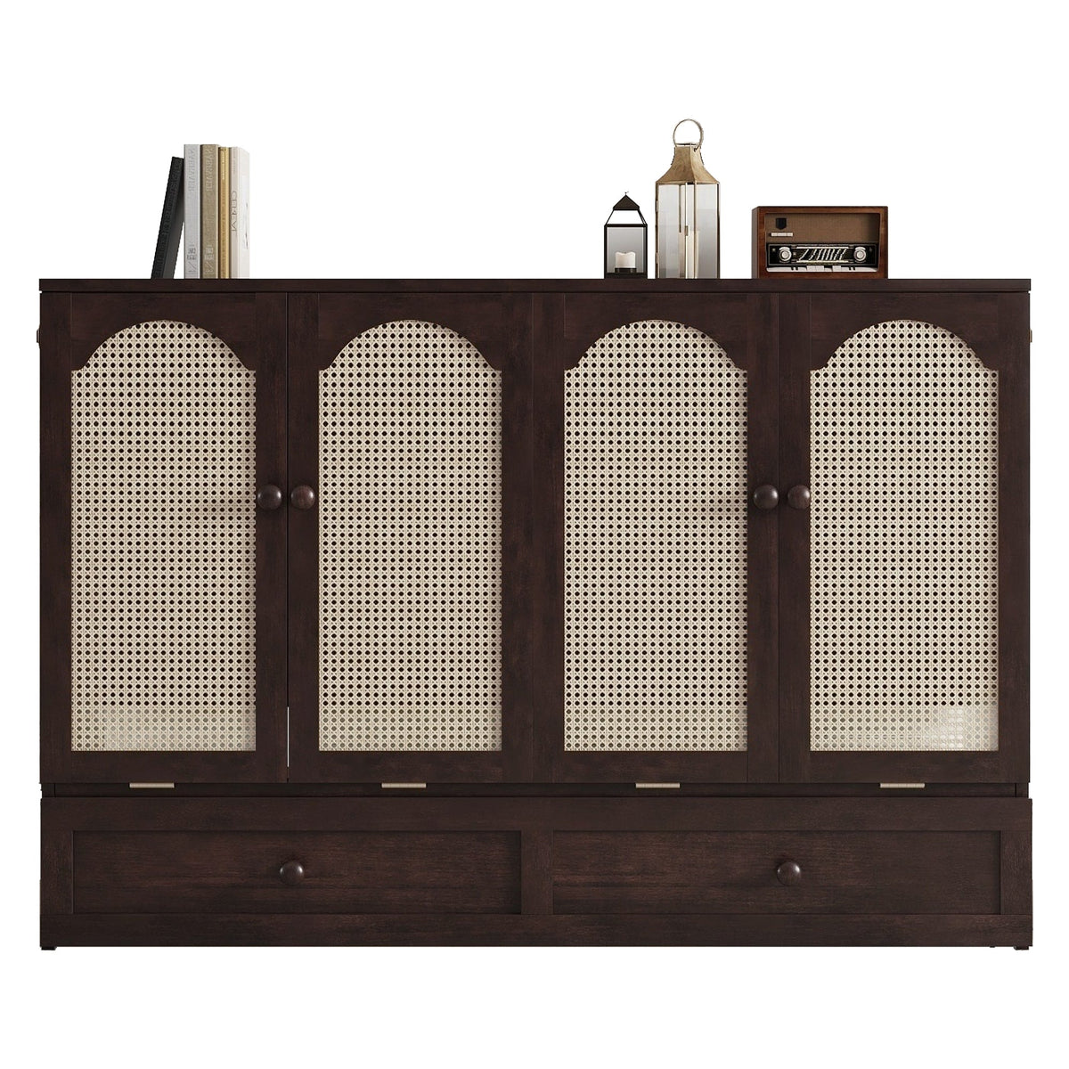 Queen Size Murphy Bed, Pine Wood with Power Station and Rattan Decoration Panel - Espresso