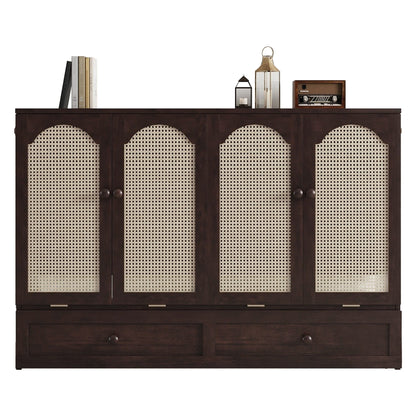 Queen Size Murphy Bed, Pine Wood with Power Station and Rattan Decoration Panel - Espresso