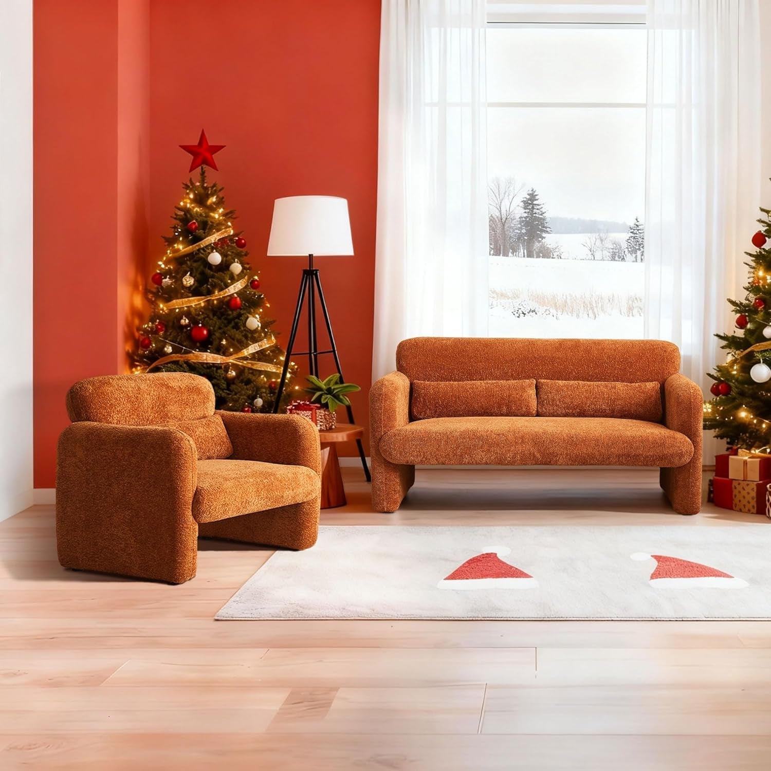 Modern Sherpa Upholstered Armchair in Burnt Orange