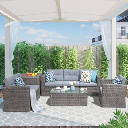 5 Piece Wicker Patio Conversation Set with Storage Box - Dusty Blue