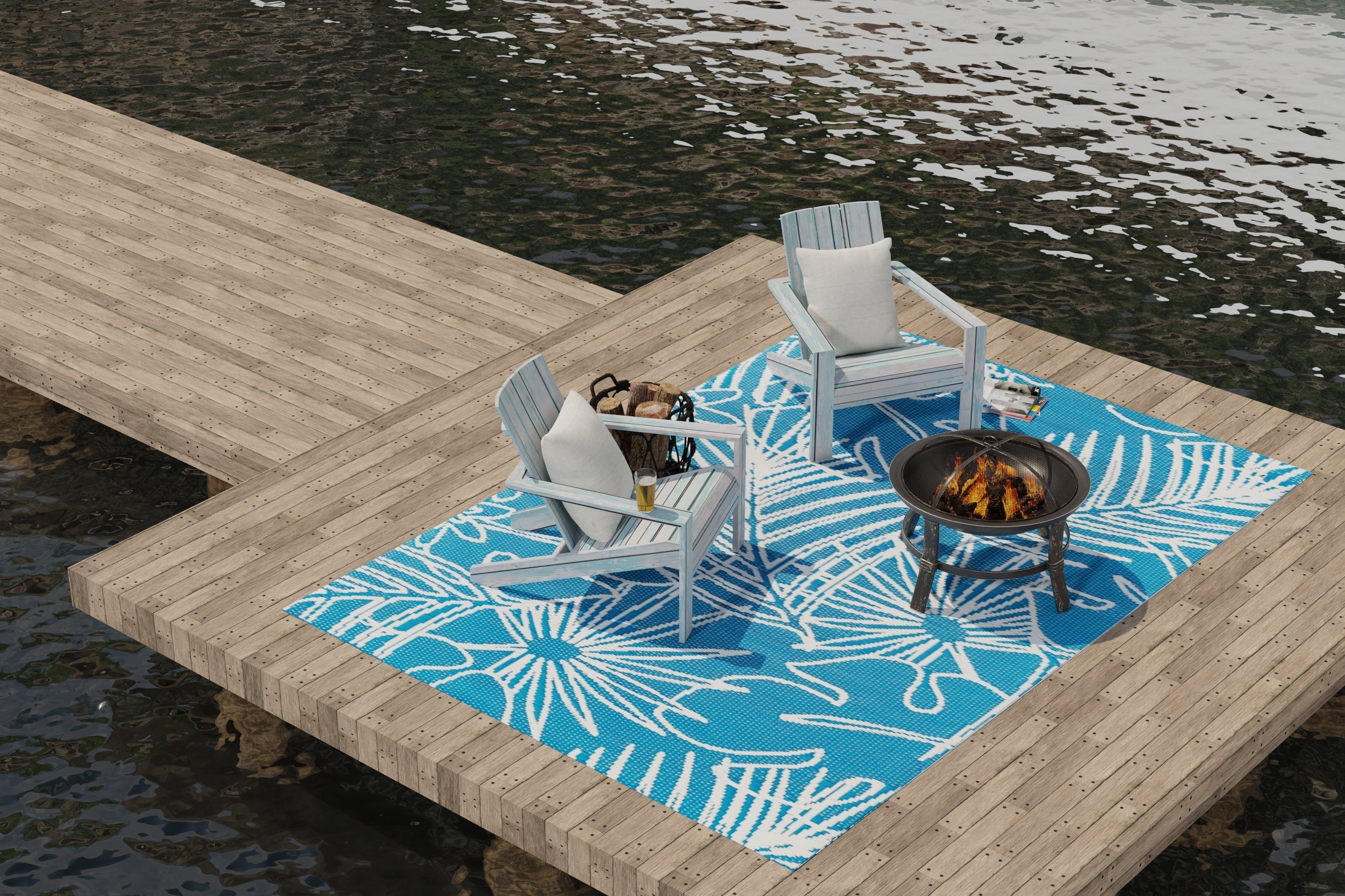 Palm Leaf Turquoise White Outdoor Mat