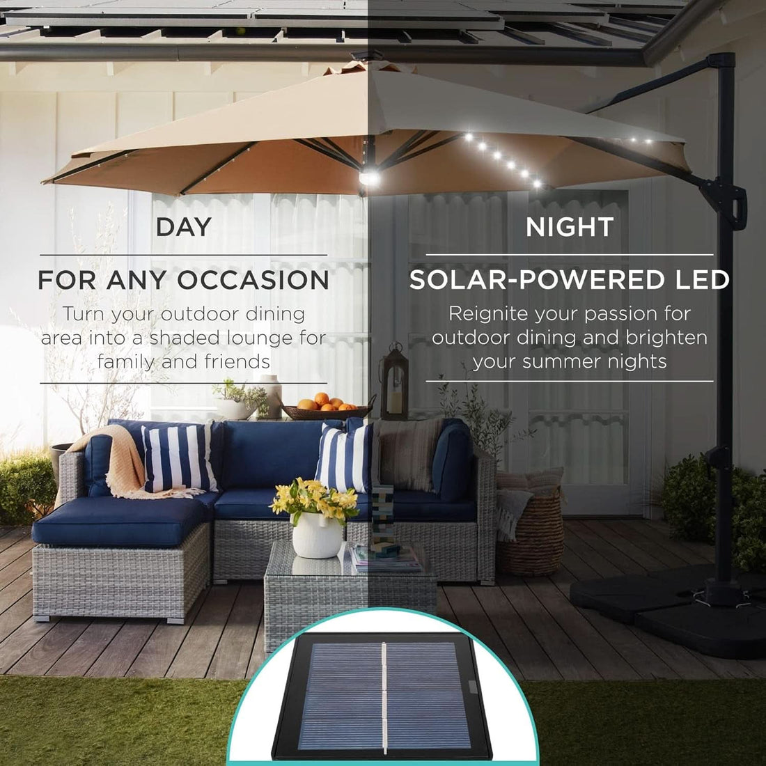 10 Foot Solar LED Cantilever Patio Umbrella With Lights - Tan
