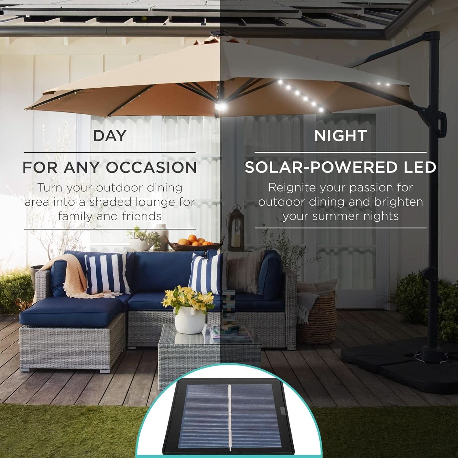 10 Foot Solar LED Cantilever Patio Umbrella With Lights - Tan