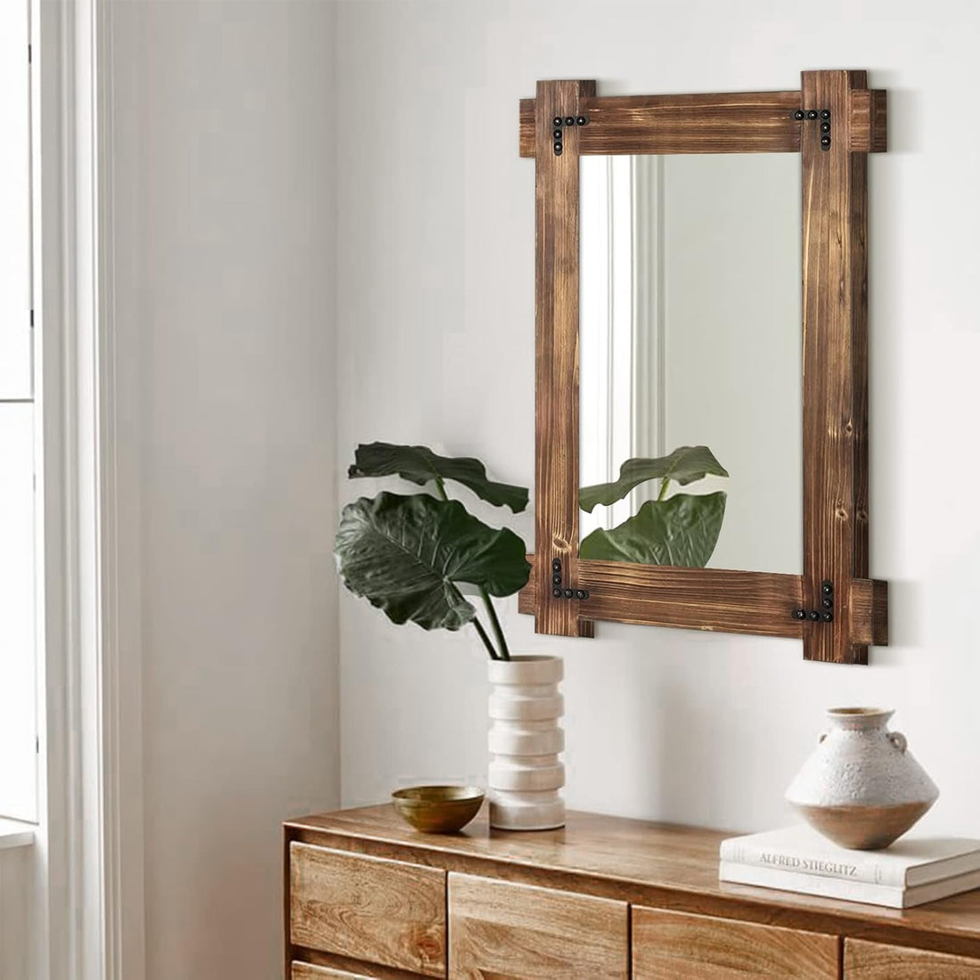 20x30 Rustic Wood Mirror For Bath With Black Metal Accents