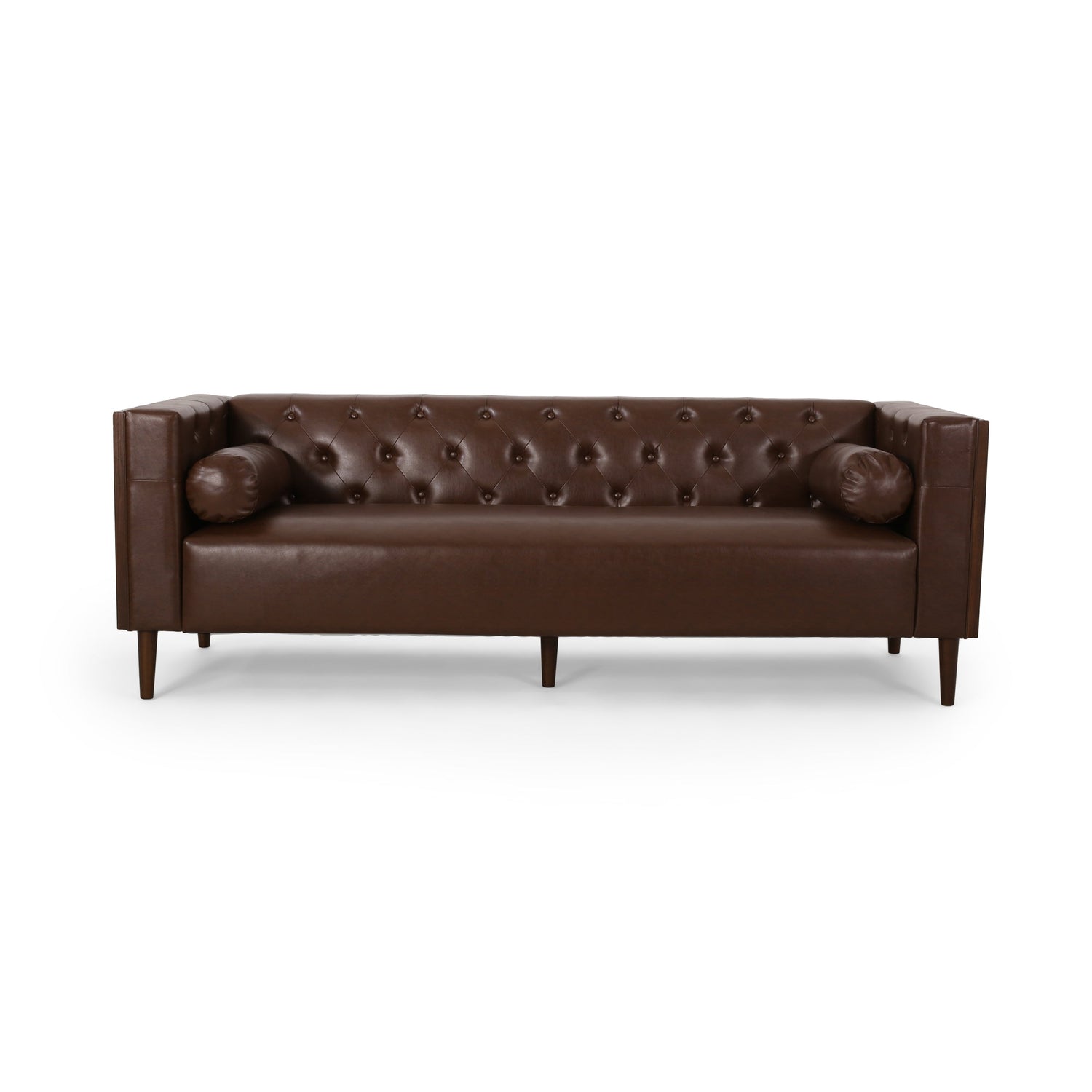 Contemporary 3-Seater Sofa with Tufted Diamond Stitch and Rolled Accent Pillows in Dark Brown Faux Leather