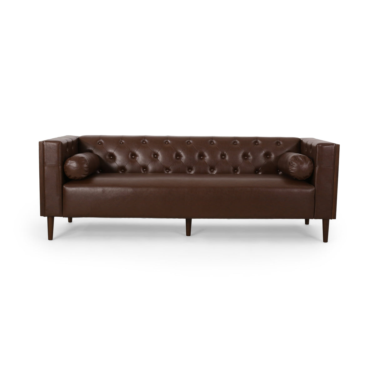 Contemporary 3-Seater Sofa with Tufted Diamond Stitch and Rolled Accent Pillows in Dark Brown Faux Leather