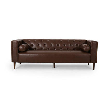 Contemporary 3-Seater Sofa with Tufted Diamond Stitch and Rolled Accent Pillows in Dark Brown Faux Leather