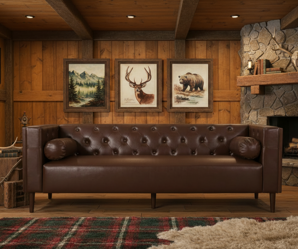 Contemporary 3-Seater Sofa with Tufted Diamond Stitch and Rolled Accent Pillows in Dark Brown Faux Leather