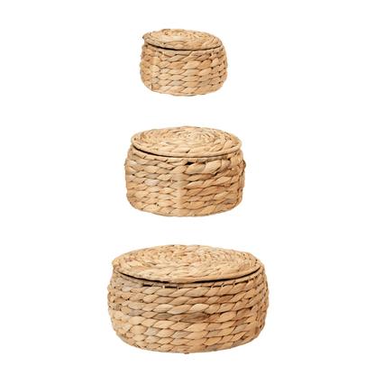 Natural Water Hyacinth Storage Baskets with Lids - Set of 3