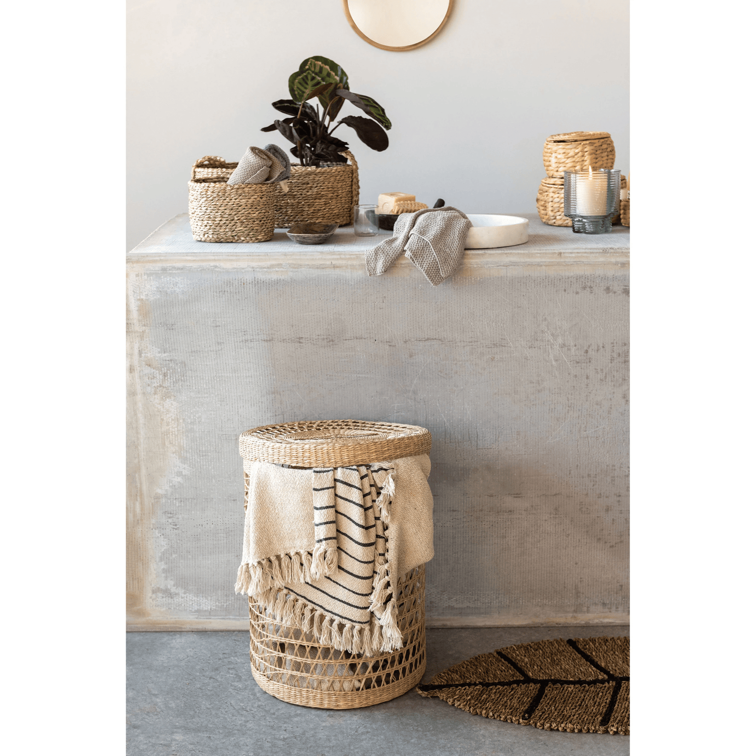 Natural Water Hyacinth Storage Baskets with Lids - Set of 3
