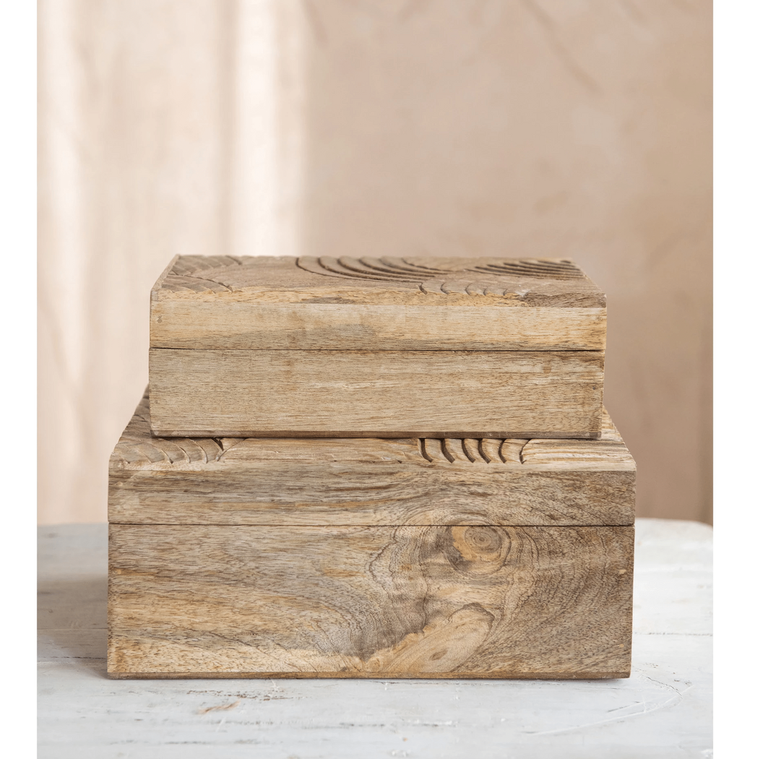 Handcarved Mango Wood Storage Boxes - Set of 2