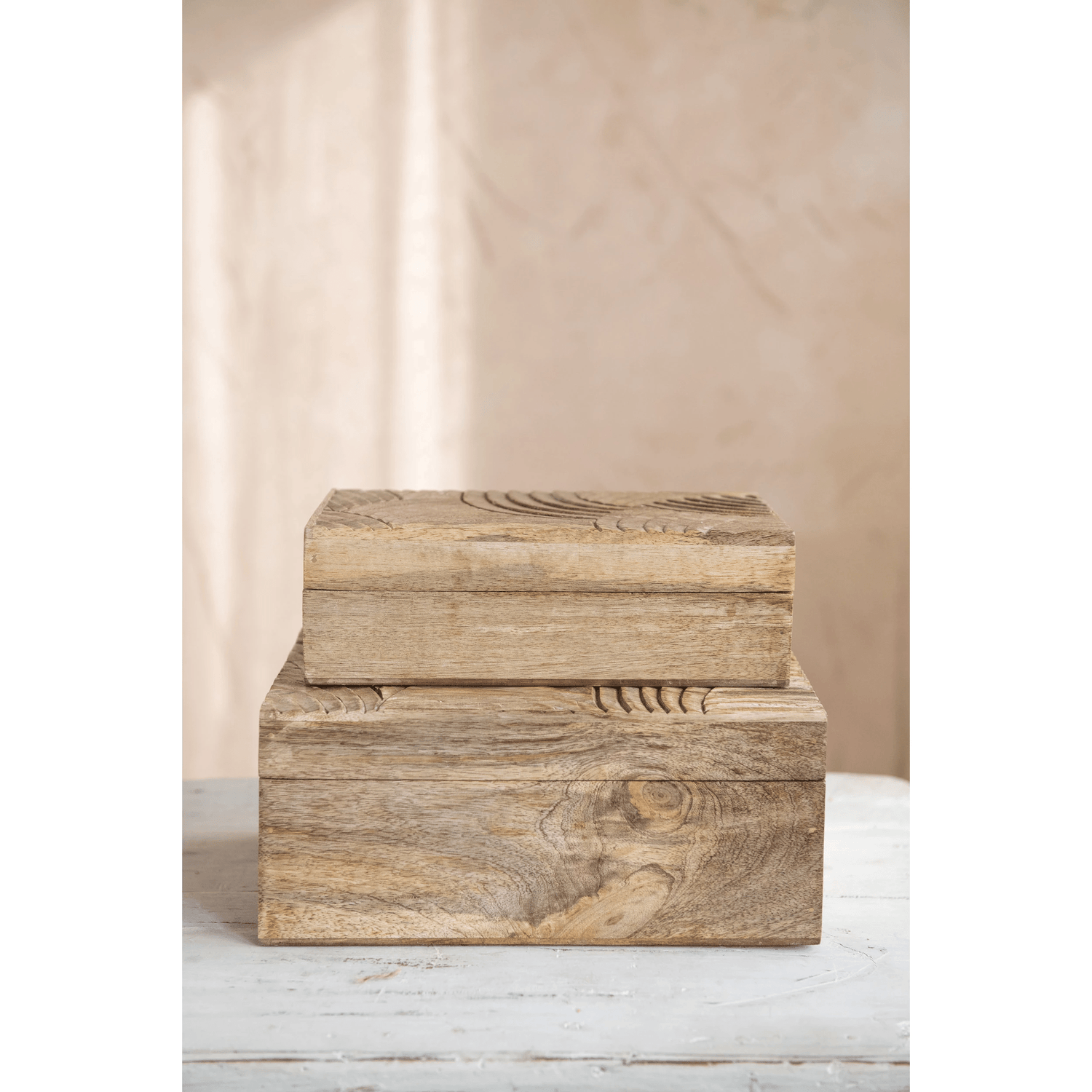 Handcarved Mango Wood Storage Boxes - Set of 2