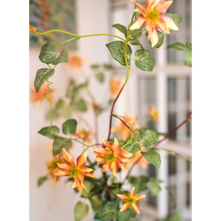 Faux Silk Artificial German Clematis Flower Stem in Orange - 40"
