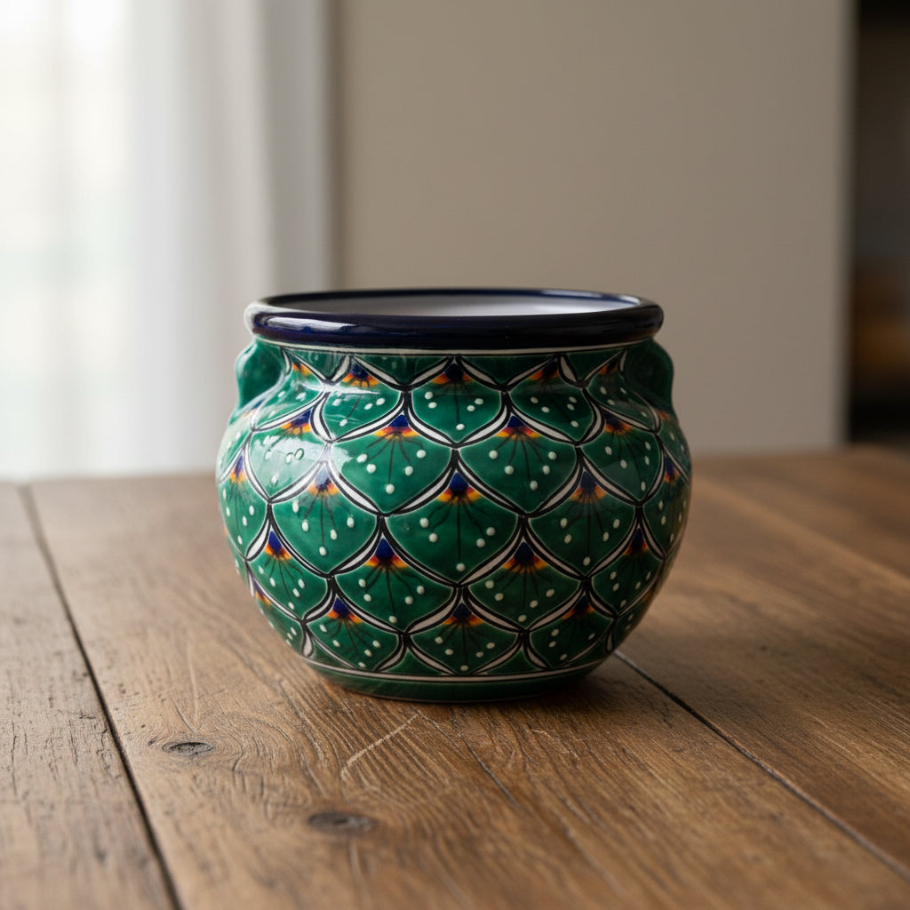 Vibrant Talavera Flower Pot | Green Peacock Design