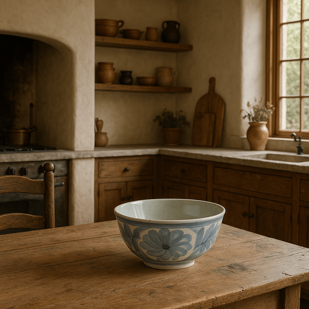 Hand-Painted Blue &amp; White Stoneware Bowl – Floral Design